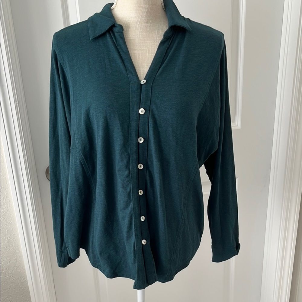 J. Jill Button Down Collared Shirt Dark Teal Green Petite Sz M